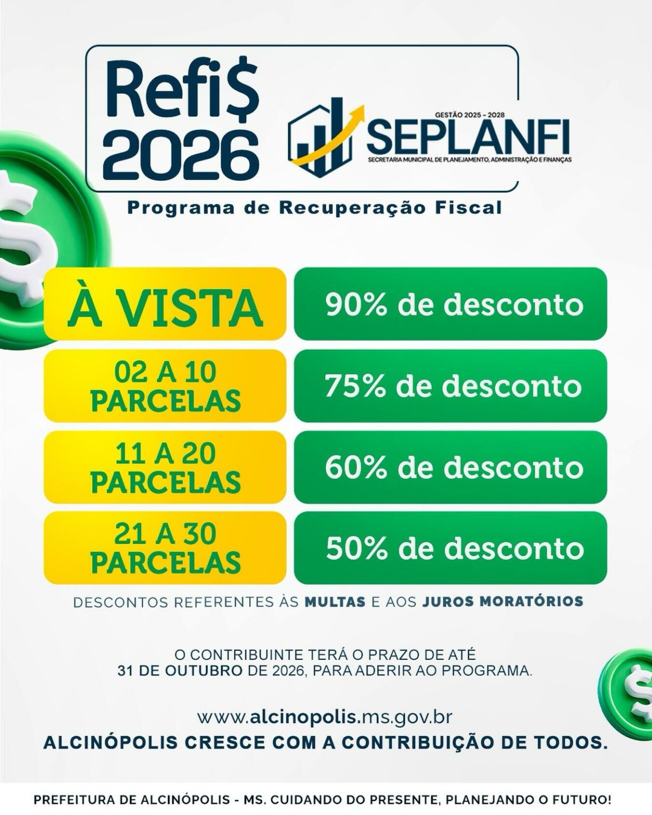 Ilustração da notícia Prefeitura de Alcinópolis lança Refis 2026 com até 90% de desconto em multas e juros da MS Todo dia
