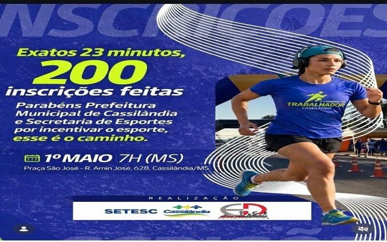 Ilustração da notícia Corrida do Trabalhador atinge 200 inscritos em 23 minutos em Cassilândia da MS Todo dia