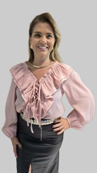 Imagem adicional 2 do item Camisa Lua – Rosa, Manga Longa em Viscose com Babados e Amarração | Estilo Boho Chic
