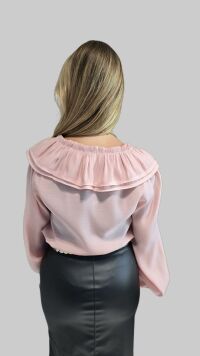 Imagem adicional 3 do item Camisa Lua – Rosa, Manga Longa em Viscose com Babados e Amarração | Estilo Boho Chic