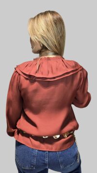 Imagem adicional 5 do item Camisa Lua – Terracota, Manga Longa em Viscose com Babados e Amarração | Estilo Boho Chic