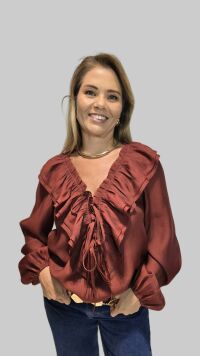 Imagem adicional 3 do item Camisa Lua – Terracota, Manga Longa em Viscose com Babados e Amarração | Estilo Boho Chic