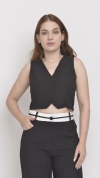 Imagem adicional 1 do item Conjunto Preto de Alfaiataria Feminino: Calça Reta com Listras no Cós e Colete para Elegância e Estilo Moderno