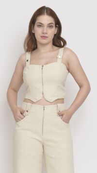 Imagem adicional 3 do item Conjunto Bege Sofisticado com Calça Reta e Cropped - Elegância e Conforto para Looks Versáteis