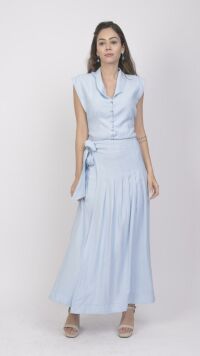 Imagem adicional 5 do item Saia Azul Longa Alfaiataria em Viscolinho com Laço e Zíper Lateral: Elegância e Sofisticação para Eventos Especiais