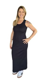Imagem adicional 1 do item Vestido Preto de Malha Poliamida Canelada com Decote U e Fenda - Conforto e Estilo para Todas as Estações
