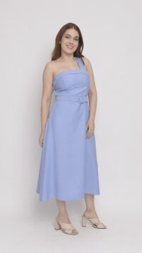 Imagem adicional 1 do item Vestido Midi de Alfaiataria Azul com Alça Assimétrica e Corpete Estilo Princesa - Estilo Moderno e Glamouroso
