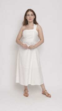 Imagem adicional 1 do item Vestido Midi de Alfaiataria Branco com Alça Assimétrica e Corpete Estilo Princesa - Estilo Moderno e Glamouroso