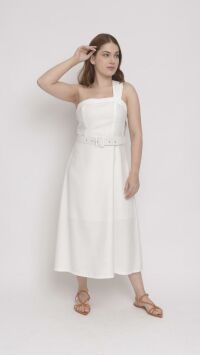 Imagem adicional 2 do item Vestido Midi de Alfaiataria Branco com Alça Assimétrica e Corpete Estilo Princesa - Estilo Moderno e Glamouroso