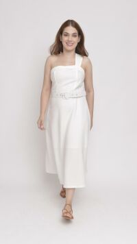 Imagem adicional 0 do item Vestido Midi de Alfaiataria Branco com Alça Assimétrica e Corpete Estilo Princesa - Estilo Moderno e Glamouroso