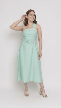 Imagem adicional 0 do item Vestido Midi de Alfaiataria Verde com Alça Assimétrica e Corpete Estilo Princesa - Estilo Moderno e Glamouroso