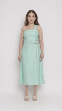 Imagem adicional 1 do item Vestido Midi de Alfaiataria Verde com Alça Assimétrica e Corpete Estilo Princesa - Estilo Moderno e Glamouroso