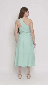 Imagem adicional 2 do item Vestido Midi de Alfaiataria Verde com Alça Assimétrica e Corpete Estilo Princesa - Estilo Moderno e Glamouroso