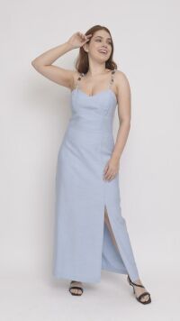 Imagem adicional 0 do item Vestido de Alfaiataria Azul com Alças de Corda e Fenda Lateral - Design Contemporâneo