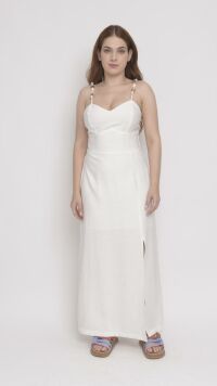Imagem adicional 3 do item Vestido de Alfaiataria Branco com Alças de Corda e Fenda Lateral - Design Contemporâneo