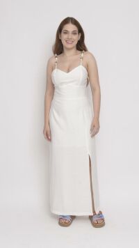 Imagem adicional 1 do item Vestido de Alfaiataria Branco com Alças de Corda e Fenda Lateral - Design Contemporâneo
