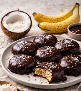 Image from the news article: Soft Banana and Coconut Cookies with Dark Chocolate Coating