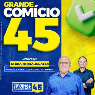 Imagem da notícia Comício da Vitória: prefeito Juvenal Consolaro e vice Jorge Enfermeiro realizam grande evento nesta quinta
