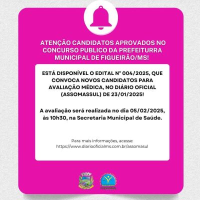 Imagem da notícia Prefeitura de Figueirão convoca aprovados no concurso público para avaliação médica