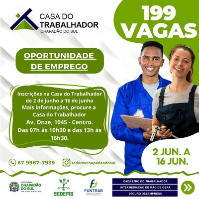 Imagem da notícia Ainda dá tempo: Casa do Trabalhador de Chapadão do Sul tem 199 vagas abertas nesta semana