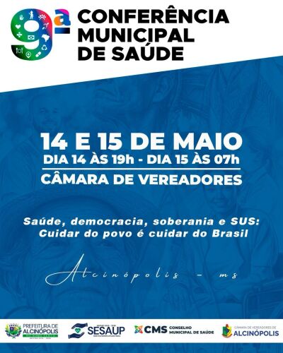 Imagem da notícia Prefeitura de Alcinópolis convida para a 2ª Conferência Municipal de Saúde nos dias 14 e 15 de maio