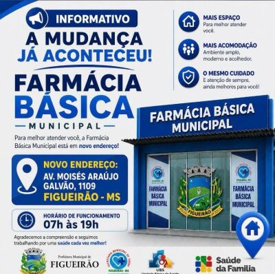 Imagem da notícia Farmácia Básica Municipal passa a atender em novo endereço em Figueirão