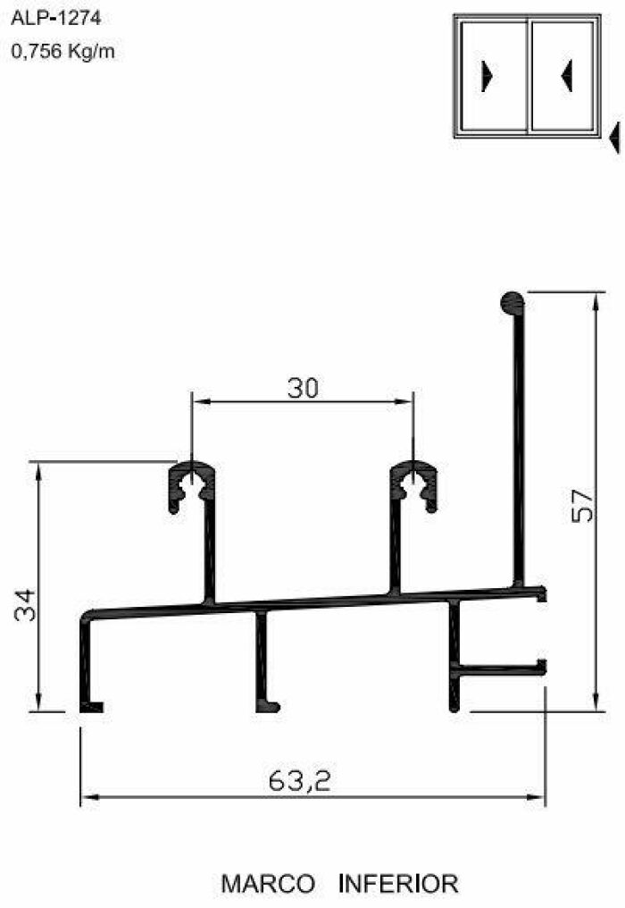 Imagem de ALP-1274 4,53 KG POR BARRA 6,00 LINHA SP-20 ESQUADRIA DE ALUMINIO
