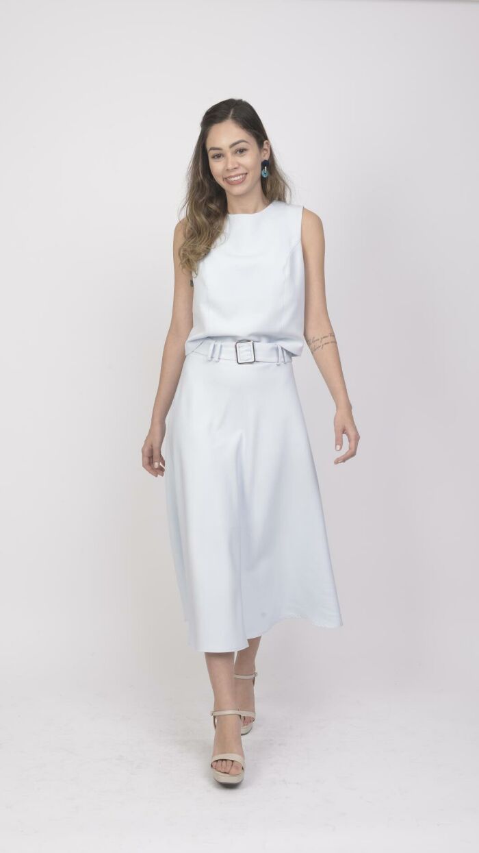 Imagem de Conjunto de Alfaiataria com Saia Evasê e Cropped Lara Cross Time - Elegância e Estilo - Azul