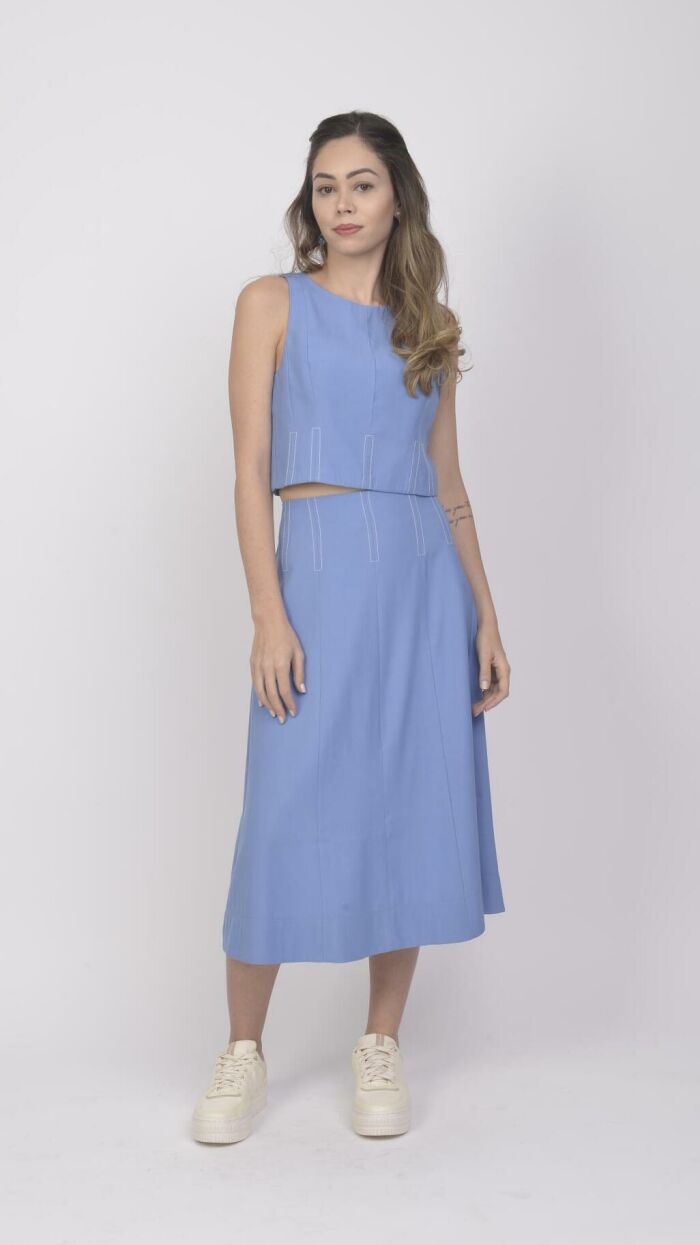 Imagem de Conjunto Catarina – Saia Longa e Cropped de Alfaiataria com Pesponto | Look Elegante em Azul