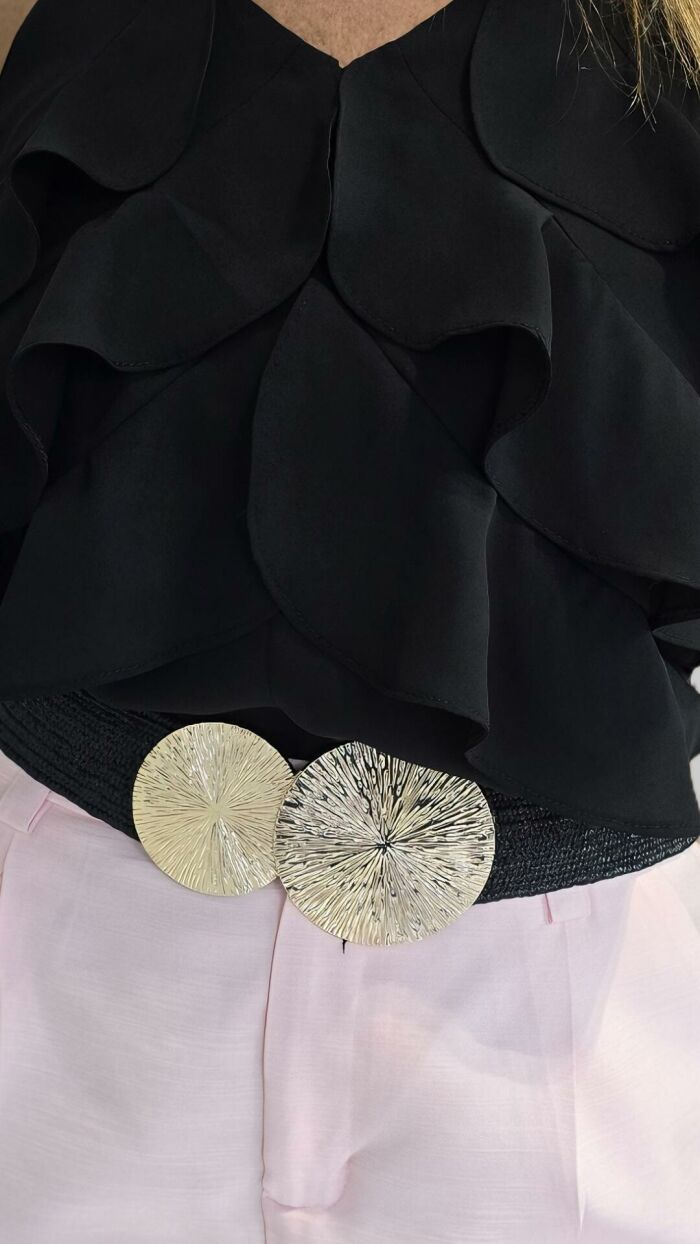 Imagem de Cinto Feminino Elástico com Fivela Redonda de Metal Folhado – Conforto e Estilo para Qualquer Look