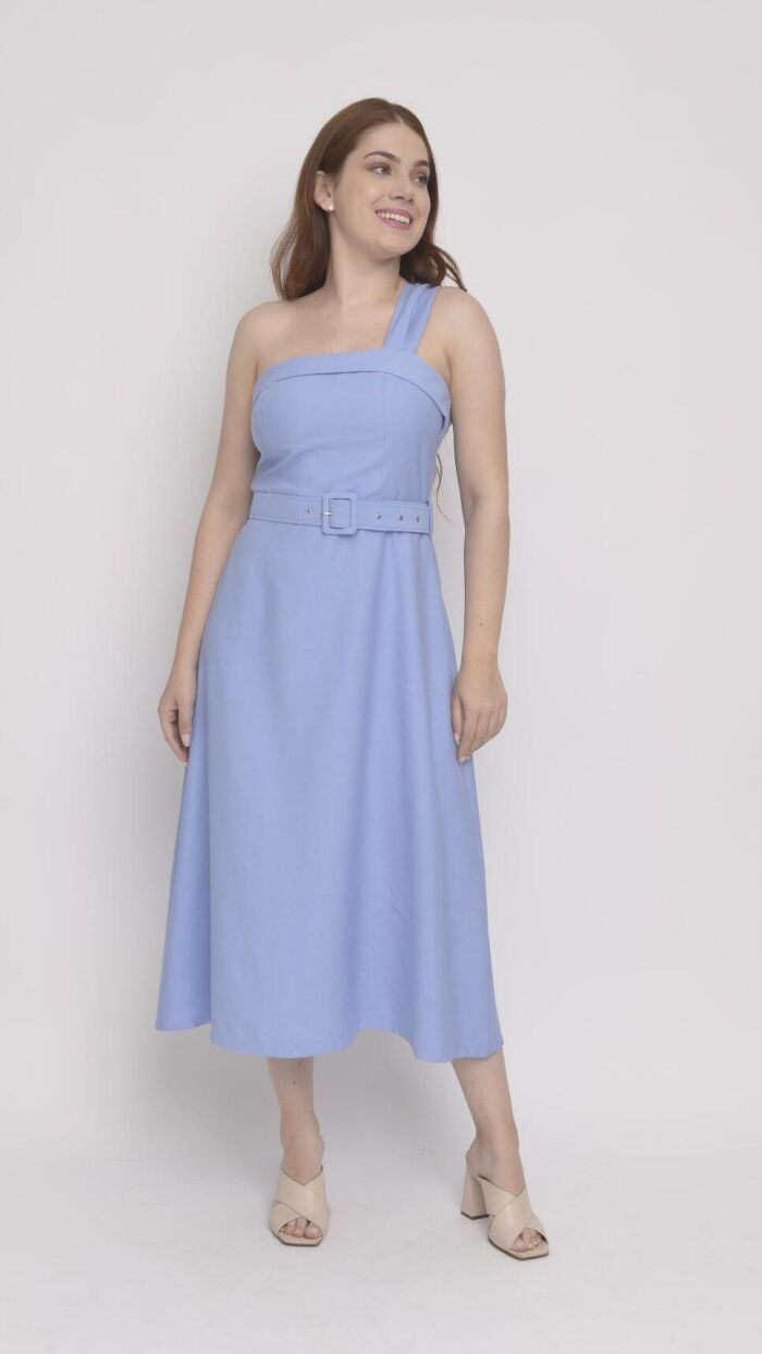 Imagem de Vestido Midi de Alfaiataria Azul com Alça Assimétrica e Corpete Estilo Princesa - Estilo Moderno e Glamouroso