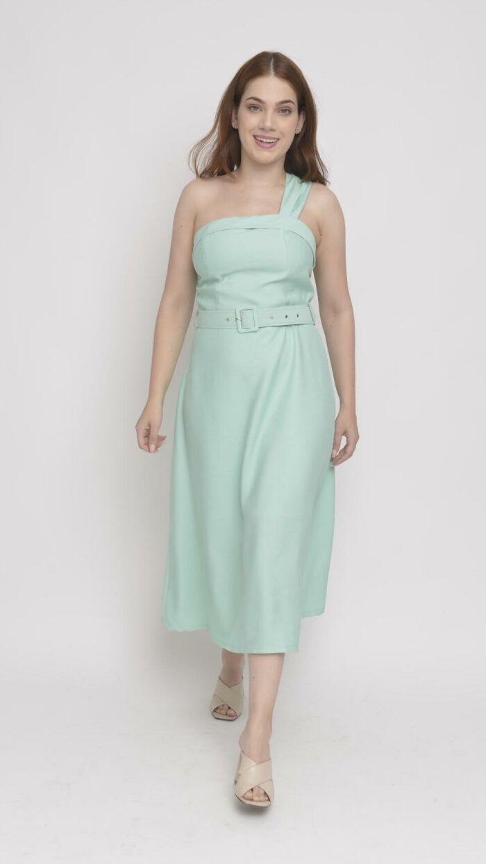 Imagem de Vestido Midi de Alfaiataria Verde com Alça Assimétrica e Corpete Estilo Princesa - Estilo Moderno e Glamouroso