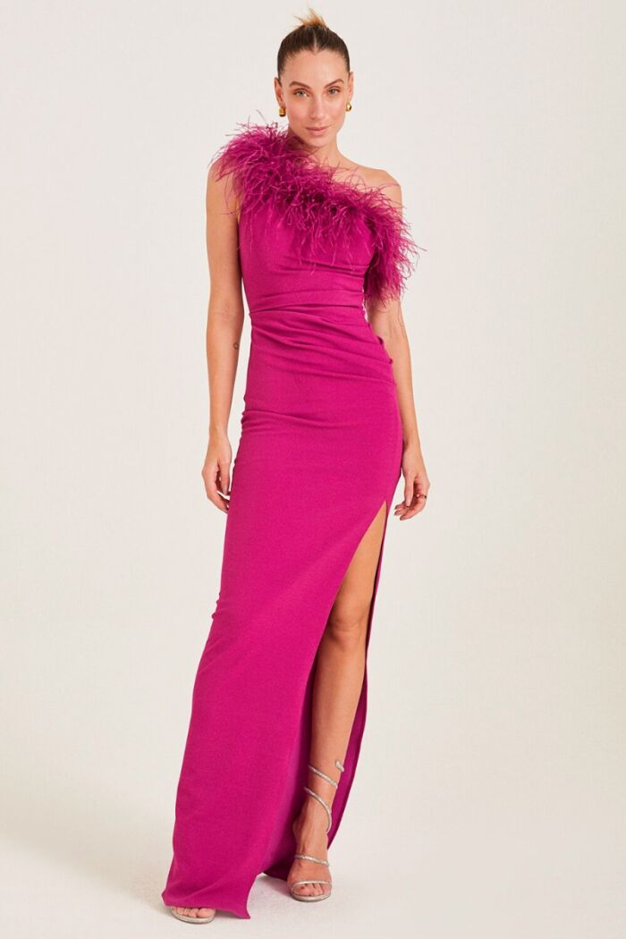 Imagem de Vestido Um Ombro Só Longo Com Plumas no Decote Pink Zen