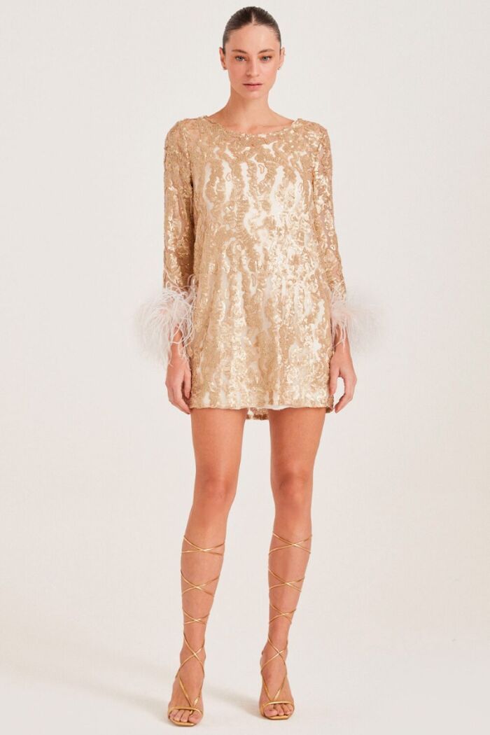 Imagem de Vestido Curto de Paetê com Plumas Dourado Zen