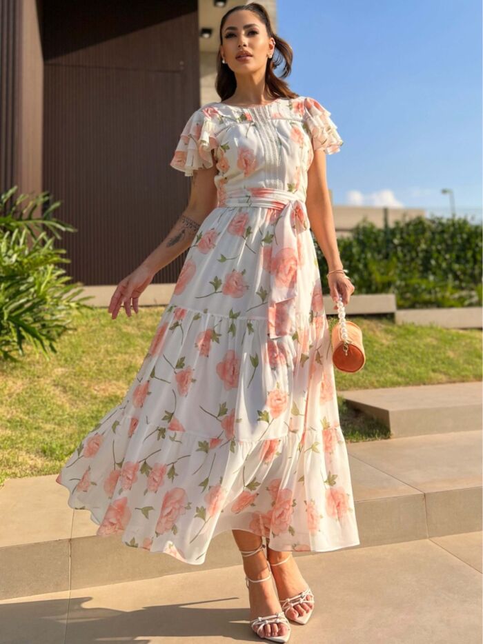 Imagem de Vestido Chiffon Estampado Com Entremeios Luzia Fazzolli
