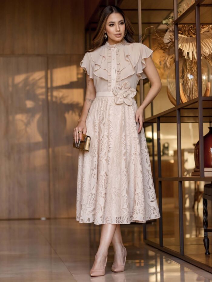 Imagem de Vestido renda e Chiffon Com Cinto Flor Luzia Fazzolli