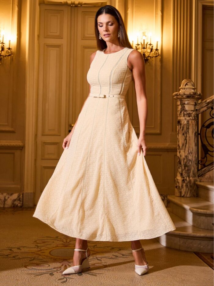 Imagem de Vestido Chiffon Bordado Com Entremeios Amarelo Manteiga Luzia Fazzolli