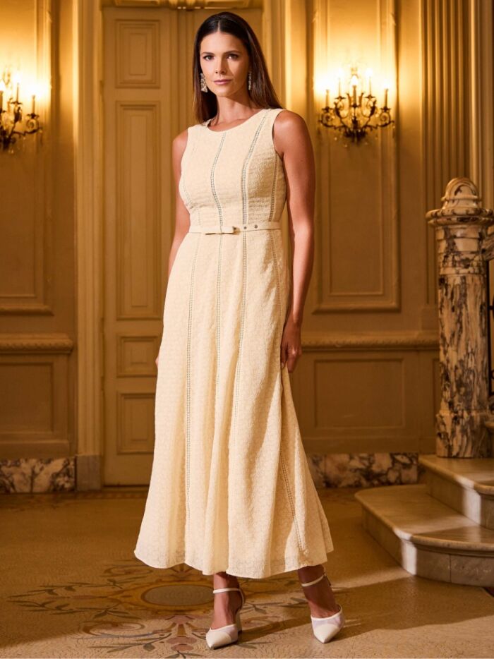 Imagem de Vestido Chiffon Bordado Com Entremeios Amarelo Manteiga Luzia Fazzolli