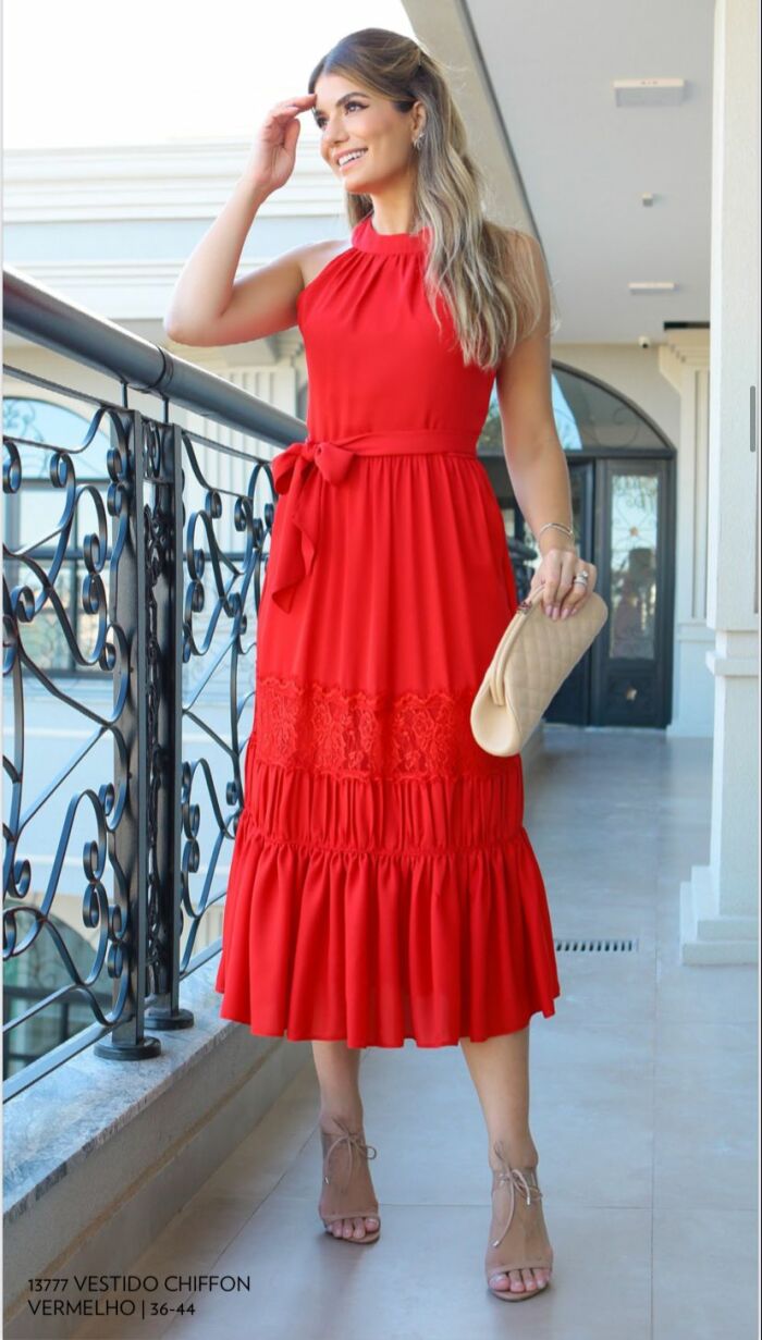 Imagem de Vestido Chiffon Com Renda Chantily Luzia Fazzolli