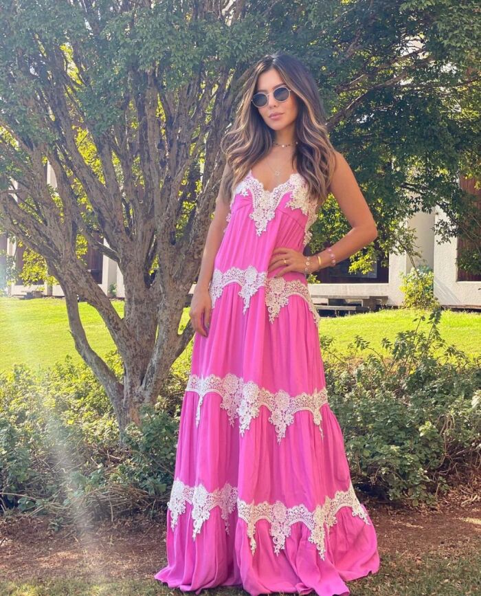 Imagem de Vestido Eco Recortes Renda Rosa Lulu