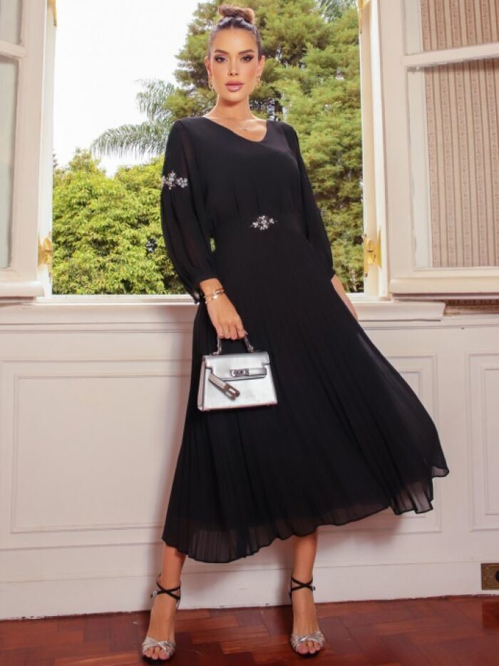 Imagem de Vestido Chiffon Plissado Bordado Luzia Fazzolli