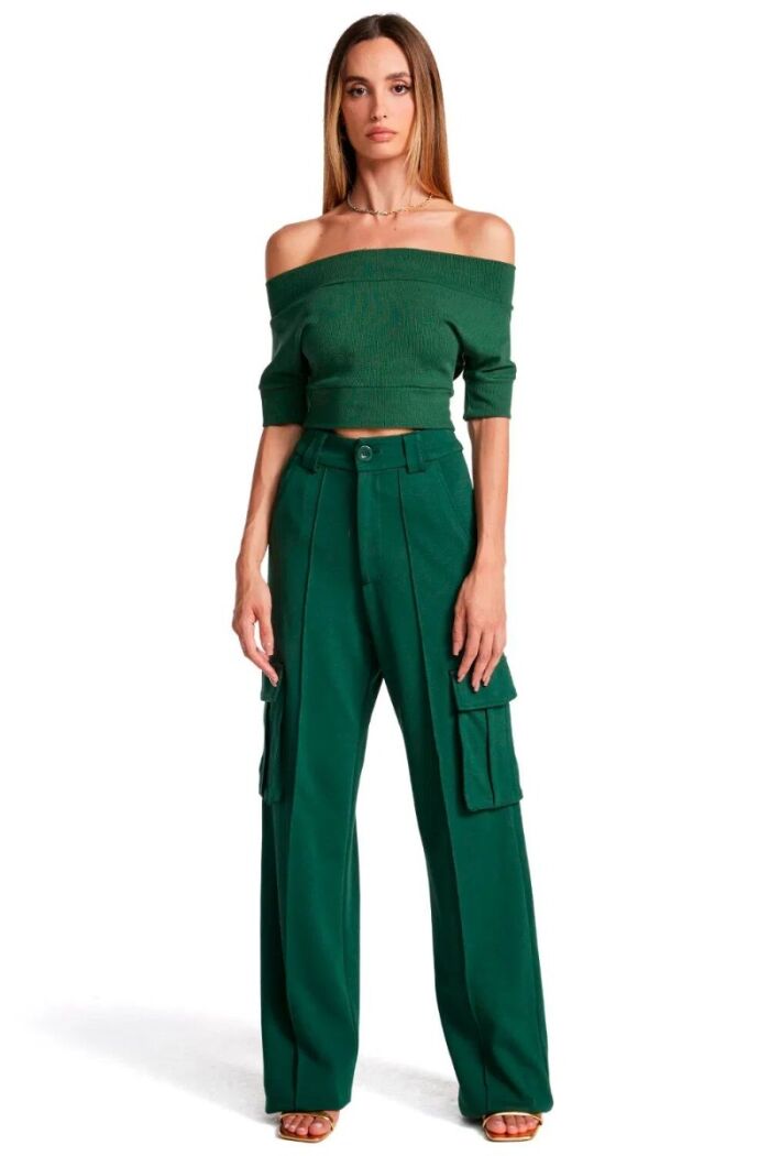 Imagem de Calça Pantalona de Malha Com Bolso e Friso Verde Zen