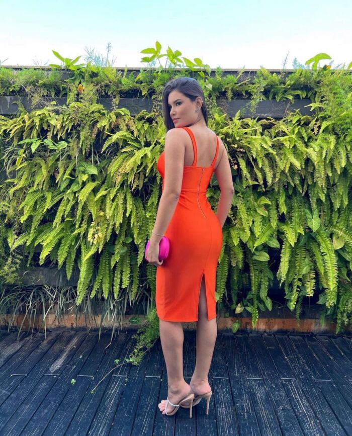 Imagem de Vestido de Alça Decote em V Fenda Costa Laranja Zen