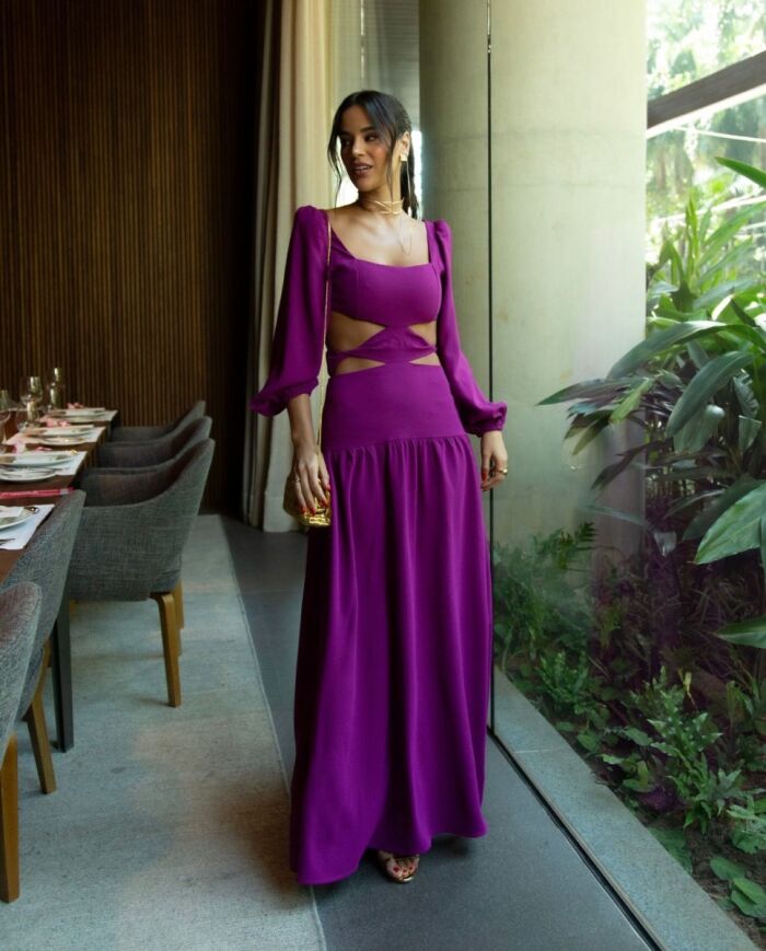 Imagem de Vestido Abertura Na Cintura Manga Bufante Mais Um