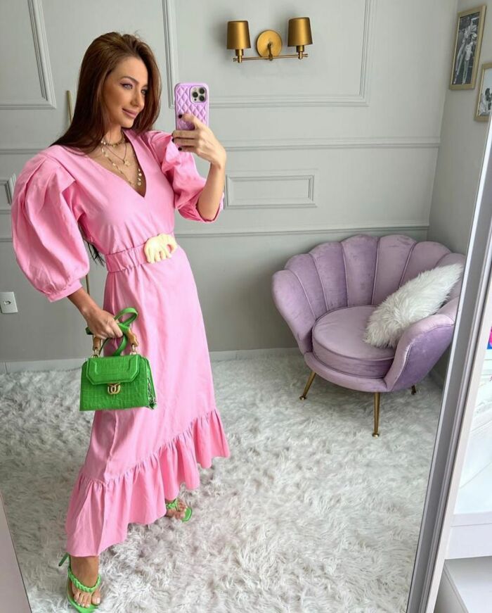 Imagem de Vestido Rosa Mangas Bufantes C/ Cinto Bardôh