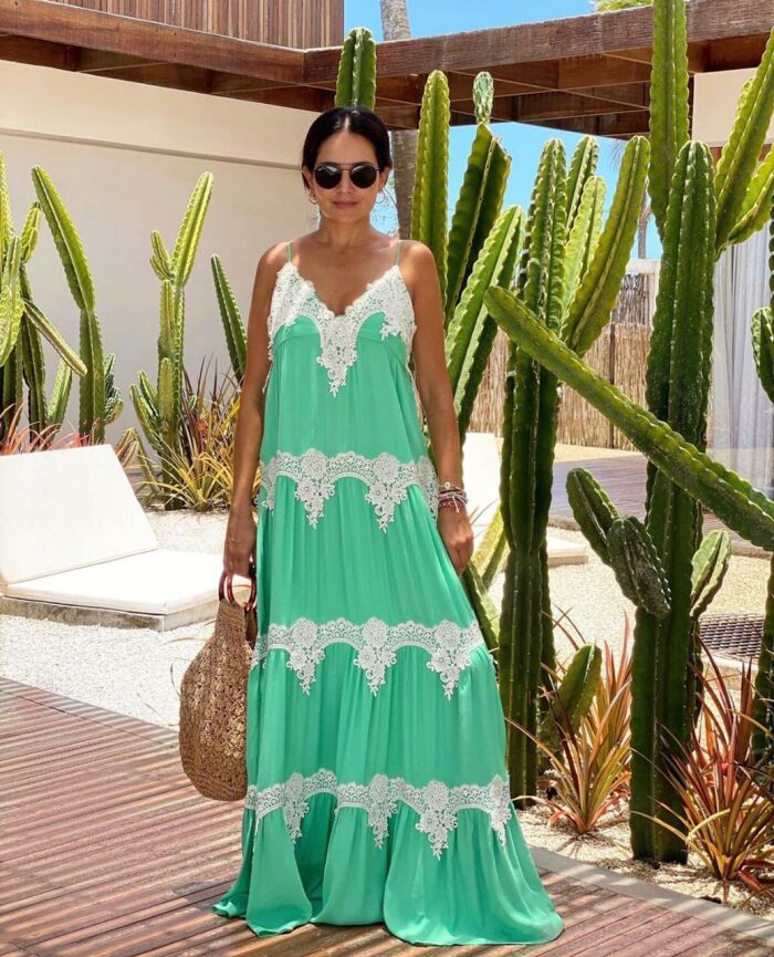 Imagem de Vestido Eco Recortes Renda Verde Lulu