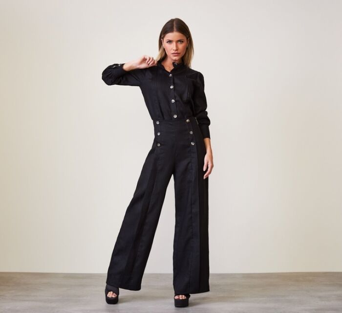 Imagem de Calça Pantalona Linho Carmélia Preta Aquarella