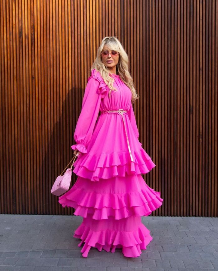 Imagem de Vestido Manga Longa Três Babados Rosa Mais Um
