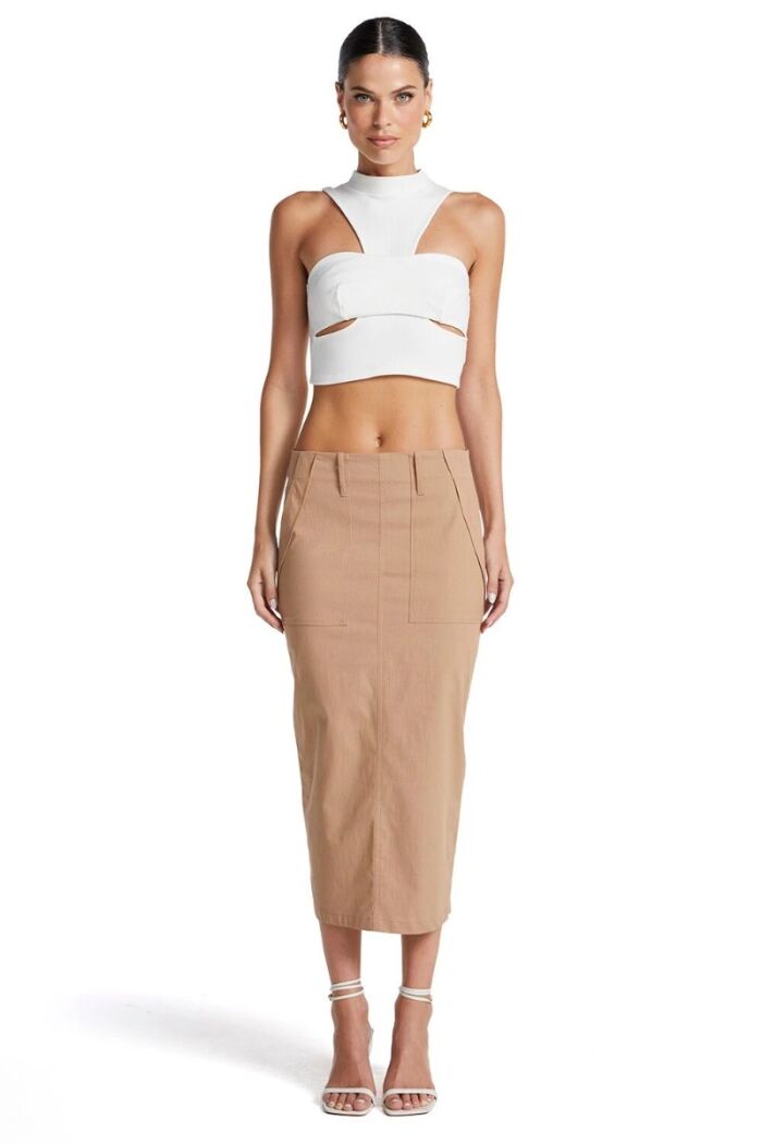 Imagem de Saia Mídi Com Bolsos Laterais Com Pesponto Kaki