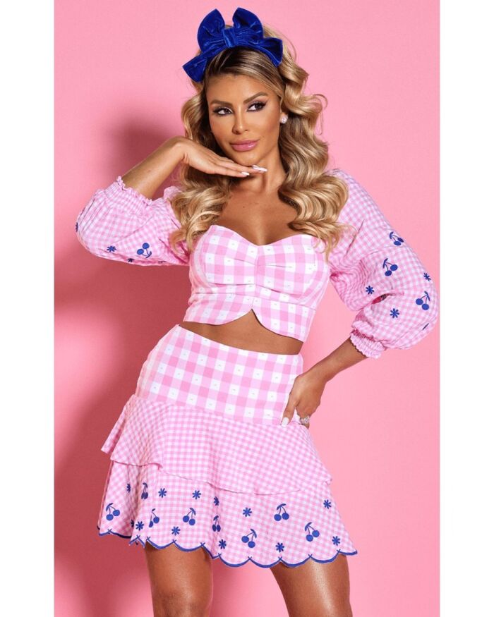 Imagem de Conjunto Xadrez Com Bordados Exclusivos Cherry Limonada Pink